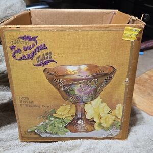 Iridescent Gold Carnival Glass Wedding Bowl 8" Original In Box. 1970
